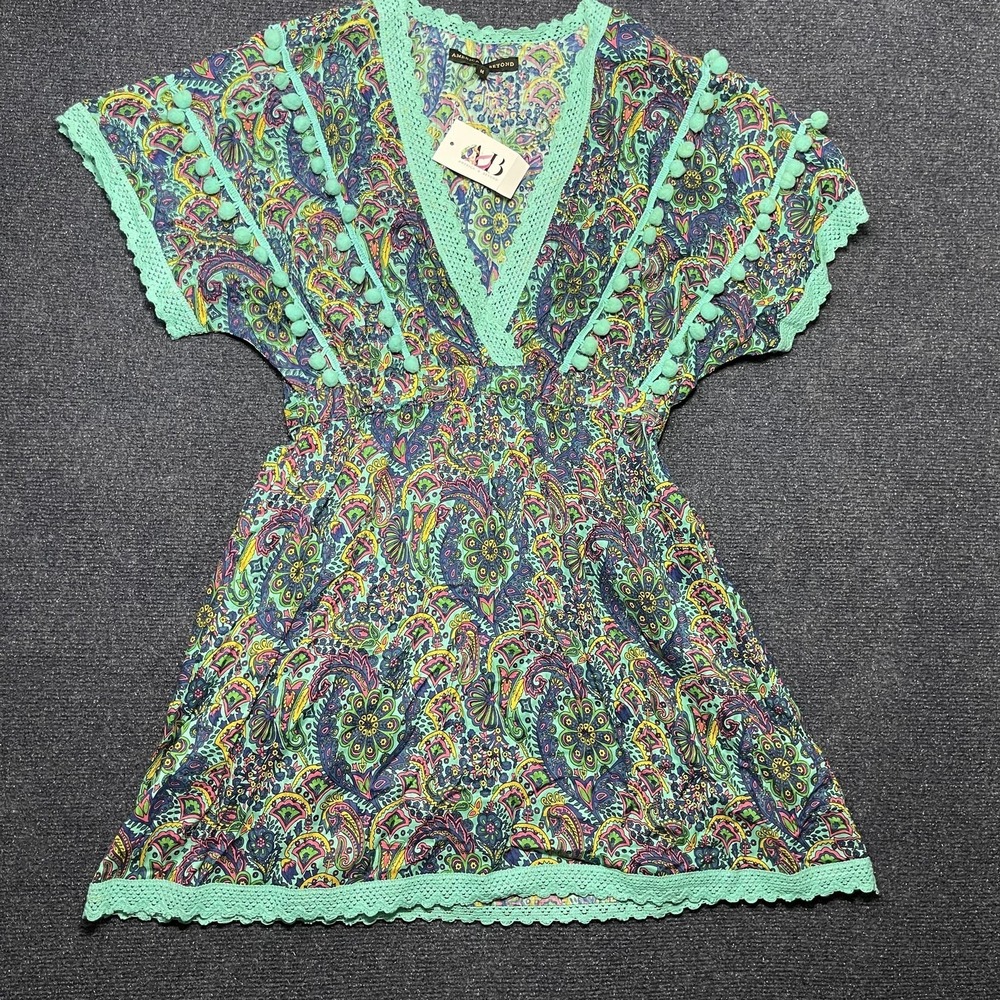 America & Beyond Dress Womens Medium Multicolor Paisley Kaftan Crochet Trim Boho